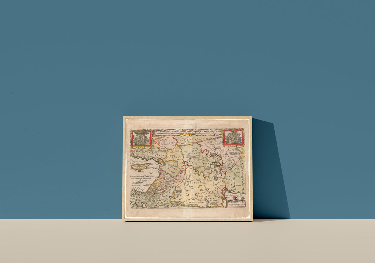 Framed art print of Die Gelegenheit des Paradeis und des Lands Canaan by Nicolaes Visscher, in a light wood frame leaning on a blue wall