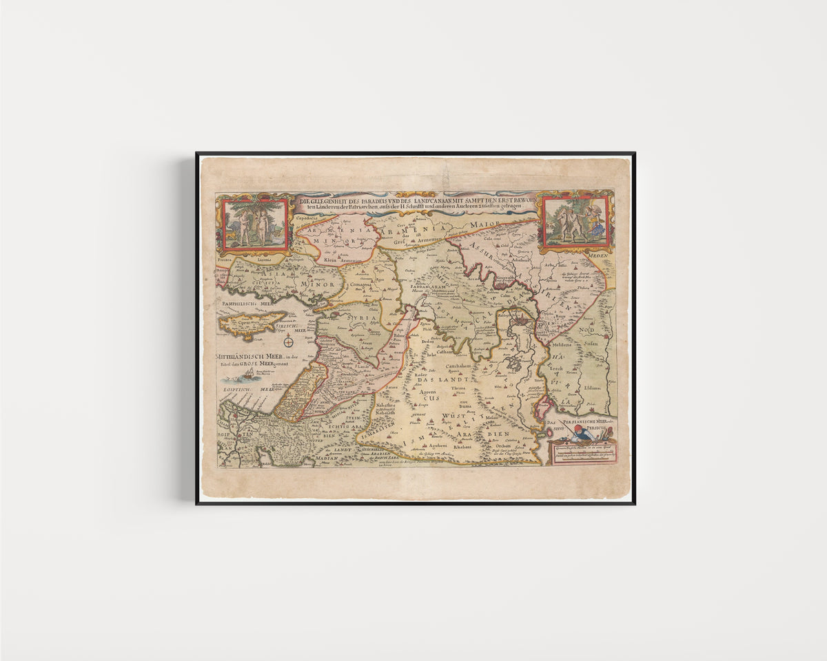 Framed art print of Die Gelegenheit des Paradeis und des Lands Canaan by Nicolaes Visscher, in a slim black frame on a plain white wall