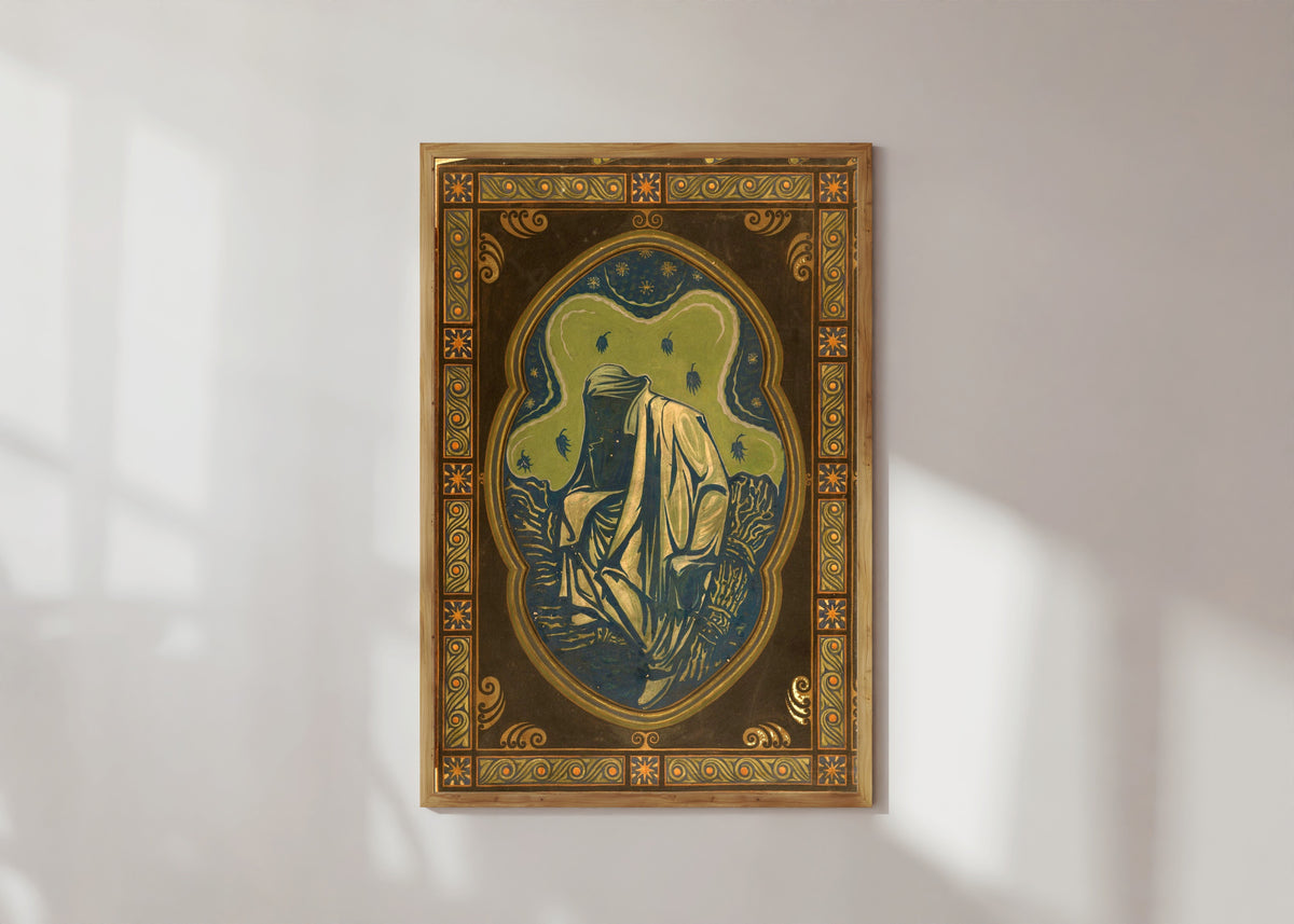 Framed art print of Night by Richard Roland Holst, in a light wood frame on a sunlit white wall