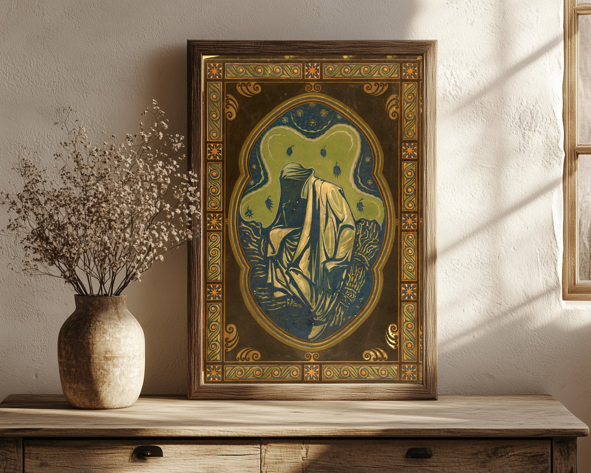 Framed art print of Night by Richard Roland Holst, in a dark wood frame leaning on a rustic console beside dried flowers