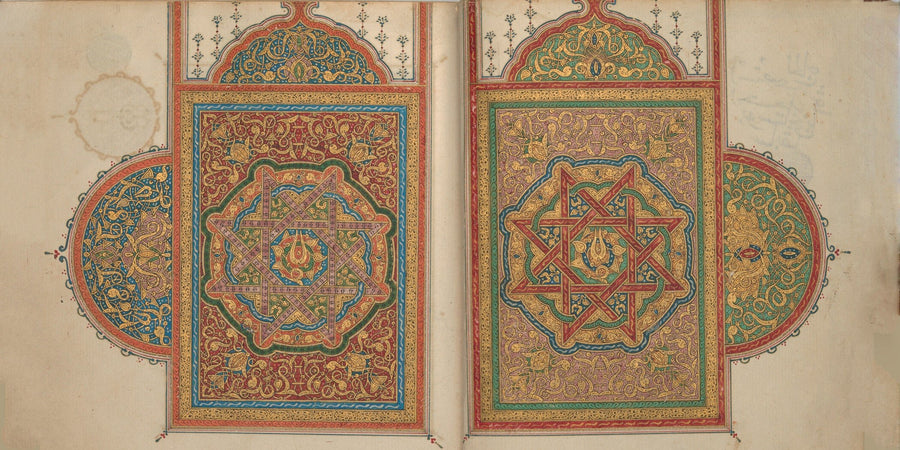 A Manuscript of Five Sections of a Qur'an (Morocco) | Islamic Illumination Print shown to scale on a wall above a sofa