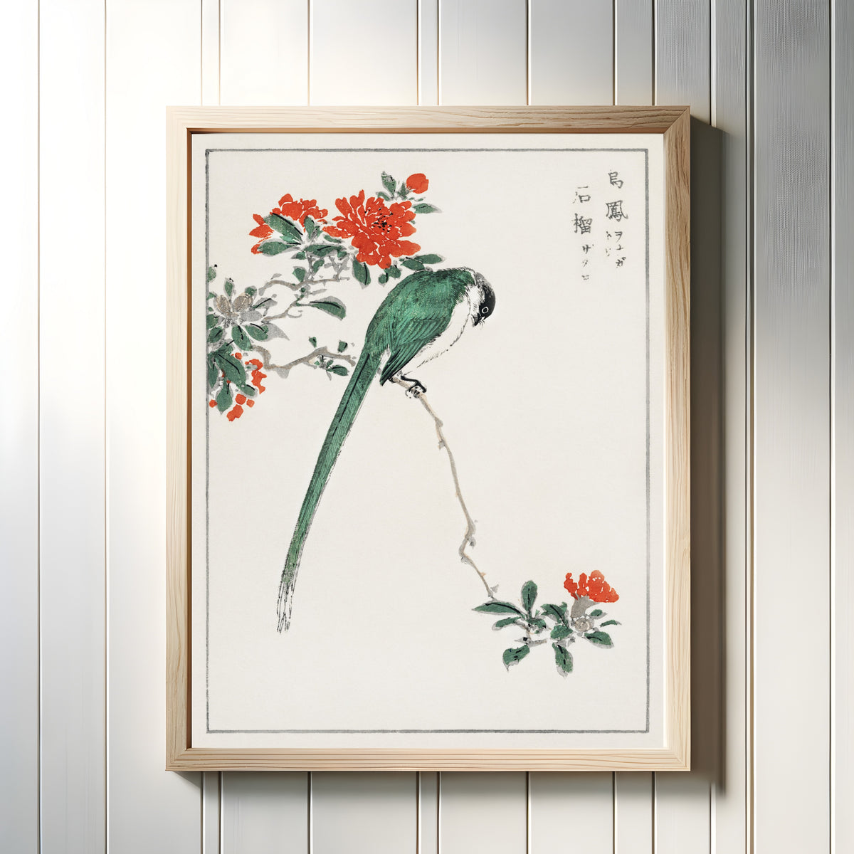 Framed art print of Azure-winged Magpie and Pomegranate by Numata Kashū, in a light wood frame on a white panelled wall
