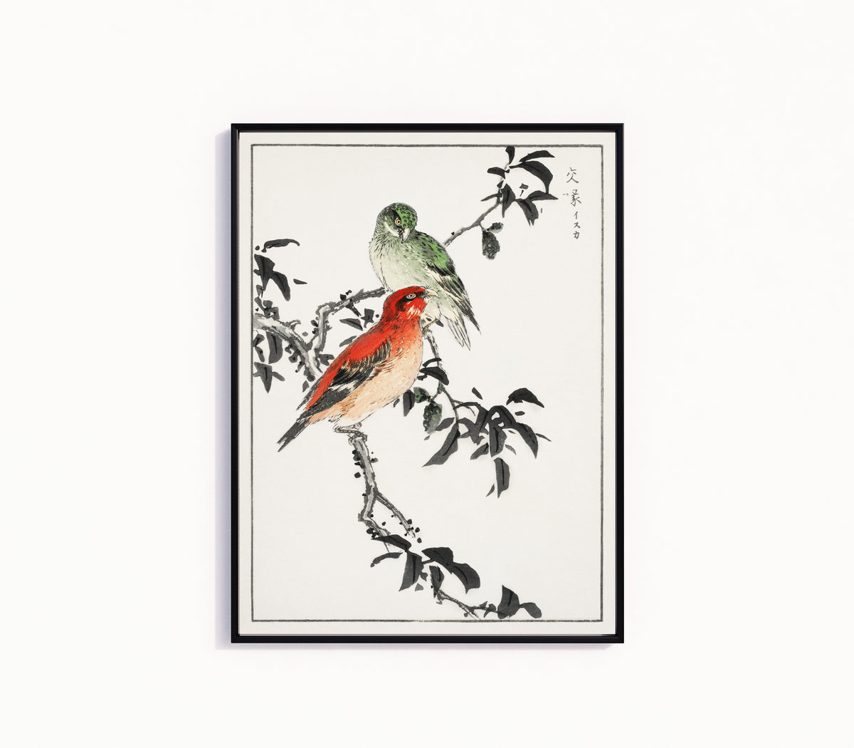 Framed art print of Crossbill by Numata Kashū, in a slim black frame on a plain white wall