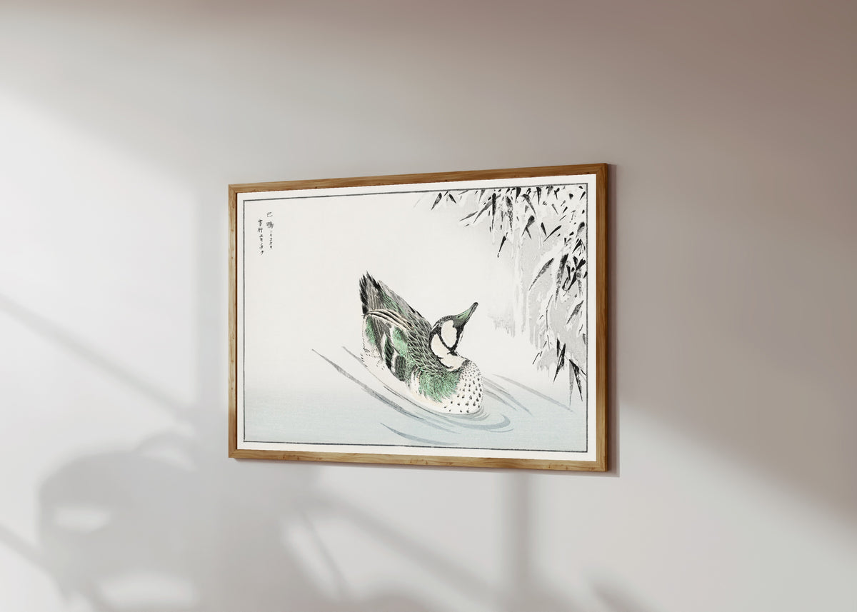 Framed art print of Spectacled Teal and Snow-bent Bamboo by Numata Kashū, in a light wood frame on a sunlit white wall, seen at a slight angle