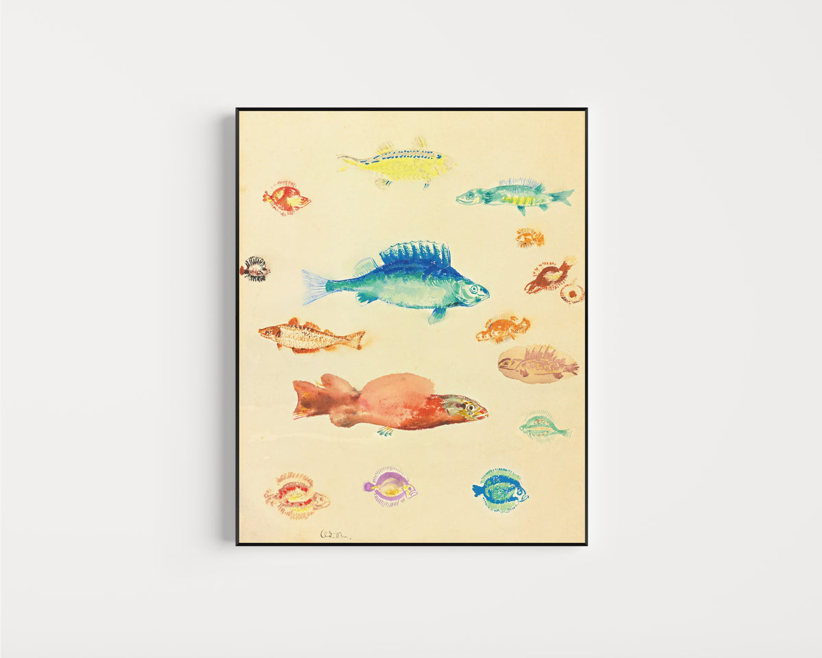 Framed art print of Fish by Odilon Redon, in a slim black frame on a plain white wall