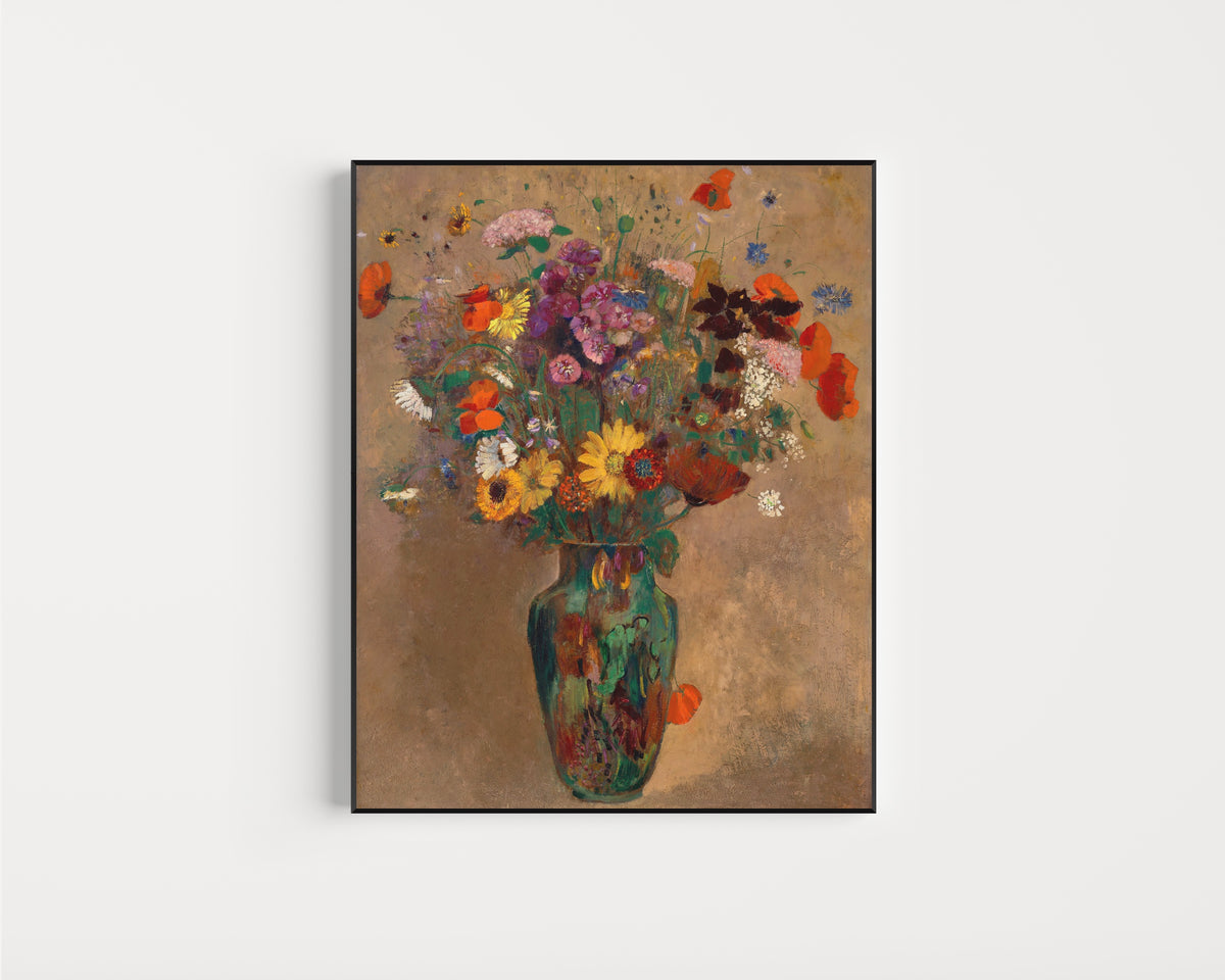 Framed art print of Large Bouquet of Wildflowers by Odilon Redon, in a slim black frame on a plain white wall