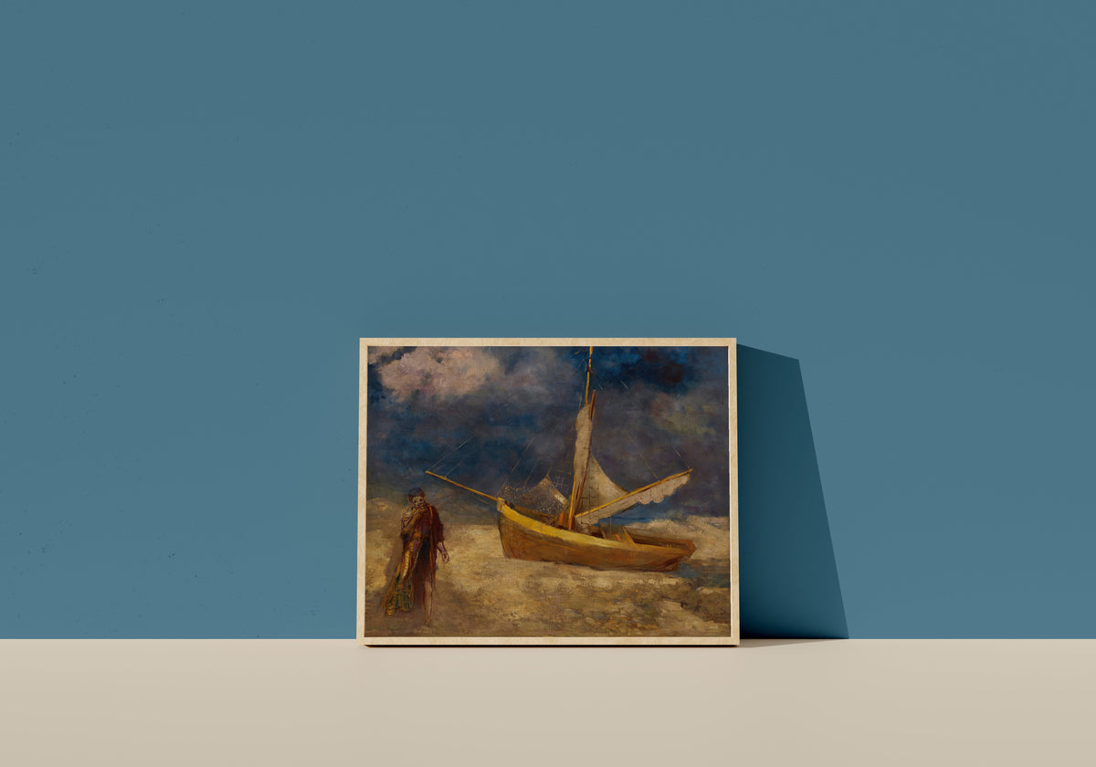 Framed art print of Le Pêcheur aliéné by Odilon Redon, in a light wood frame leaning on a blue wall