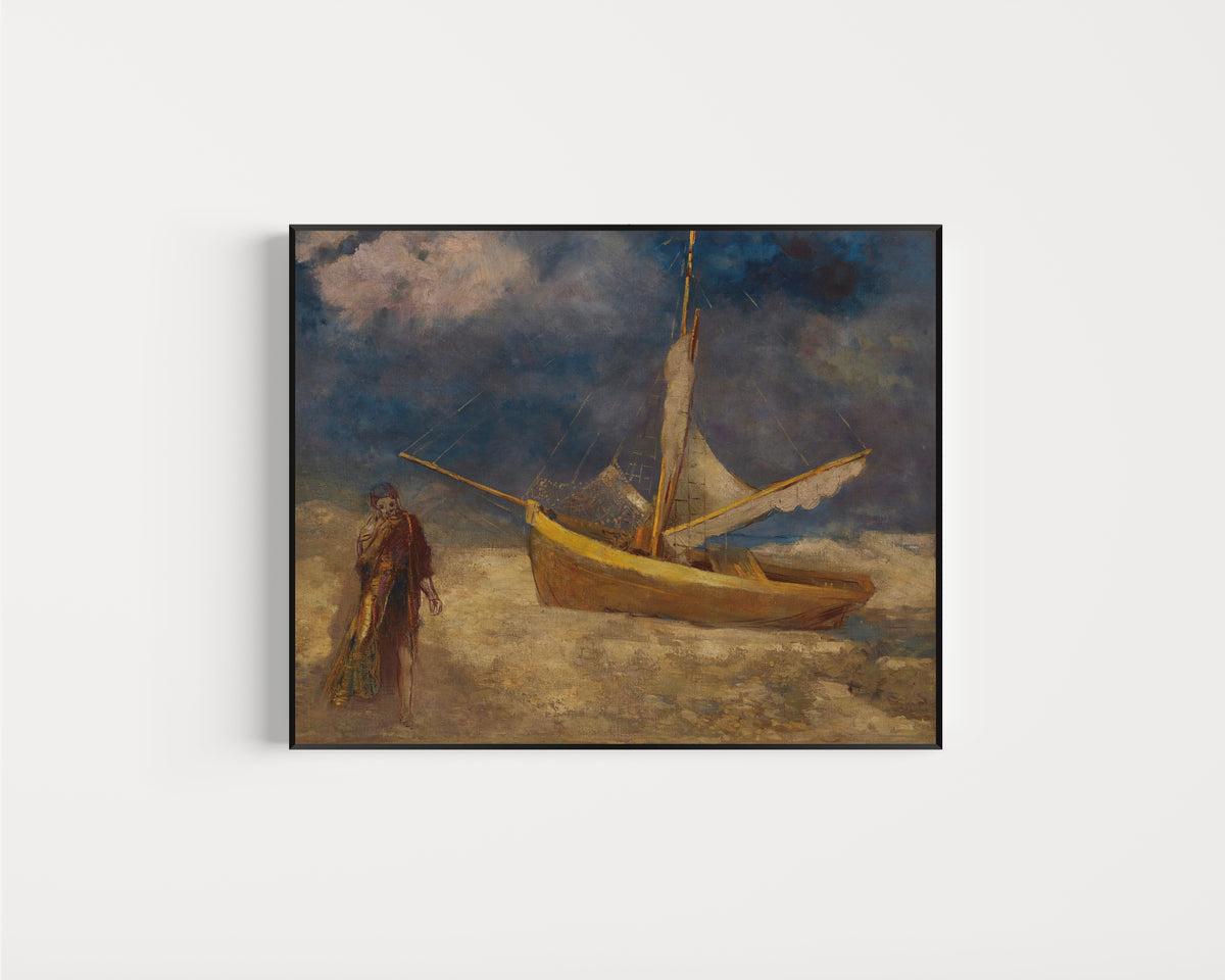 Framed art print of Le Pêcheur aliéné by Odilon Redon, in a slim black frame on a plain white wall