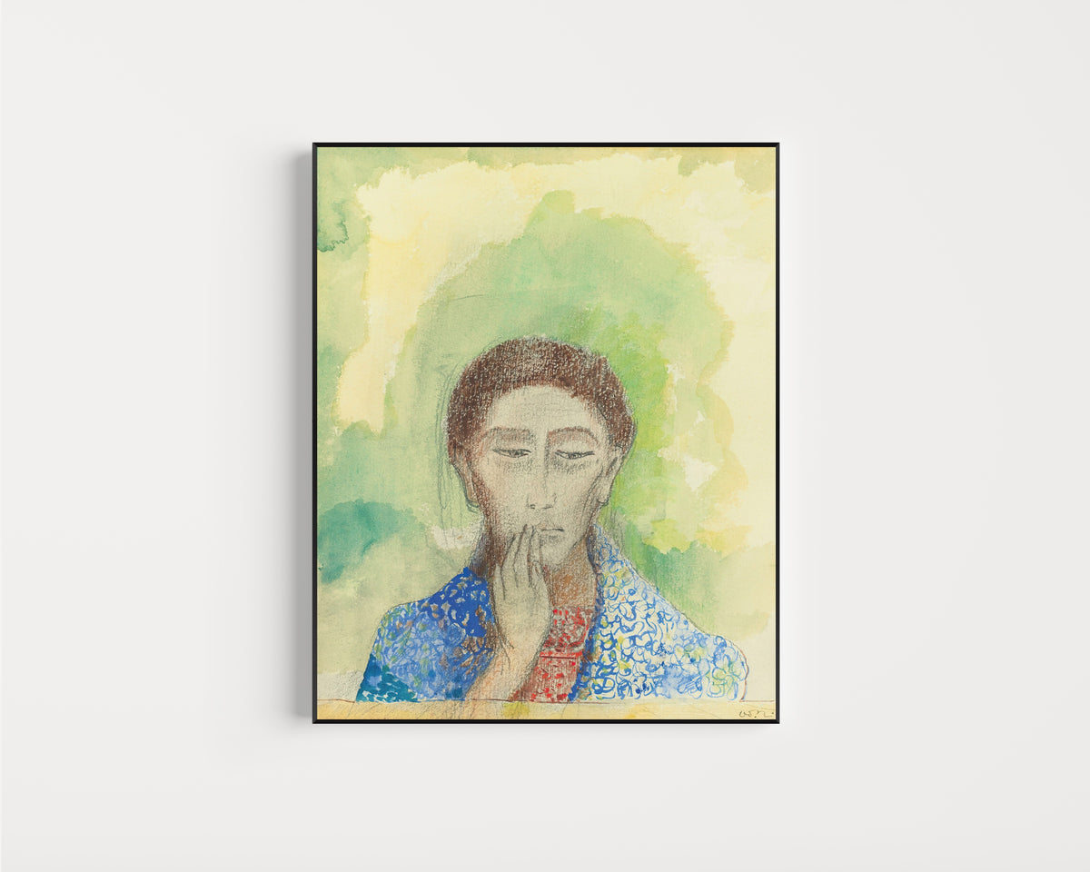 Framed art print of Silence by Odilon Redon, in a slim black frame on a plain white wall