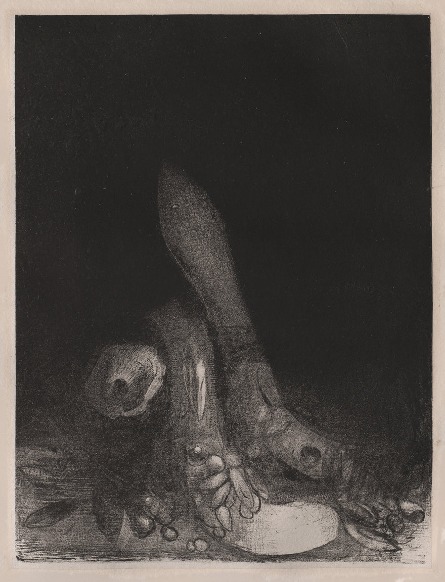 Odilon Redon — The Temptation of Saint Anthony: Flowers Fall and the Head of a Python Appears | Symbolist Art Print shown to scale on a wall above a sofa