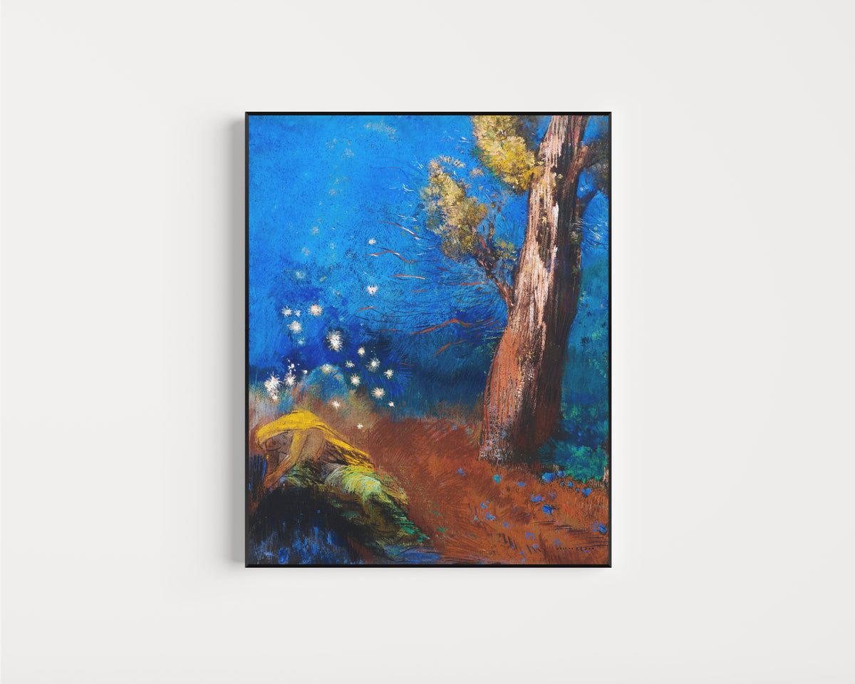 Framed art print of The Death of Buddha by Odilon Redon, in a slim black frame on a plain white wall
