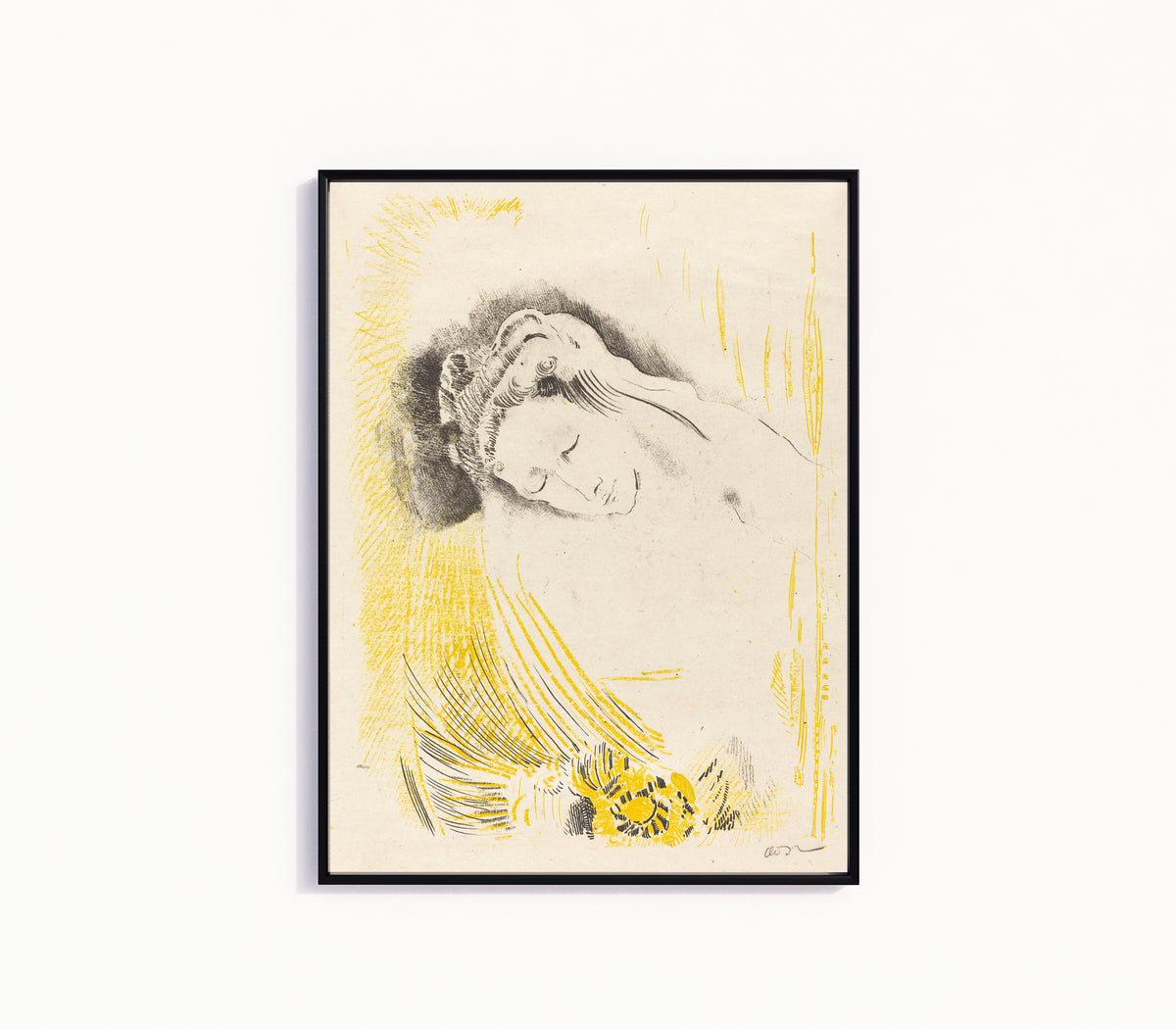 Framed art print of The Shulamite by Odilon Redon, in a slim black frame on a plain white wall