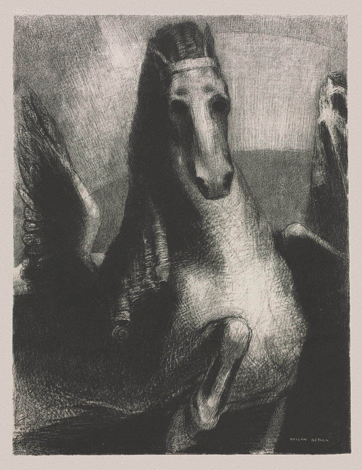 The Wing by Odilon Redon — A winged horse in a headband rears against a grey arch of light