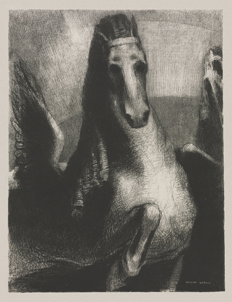 Odilon Redon — The Wing | Symbolist Art Print shown to scale on a wall above a sofa