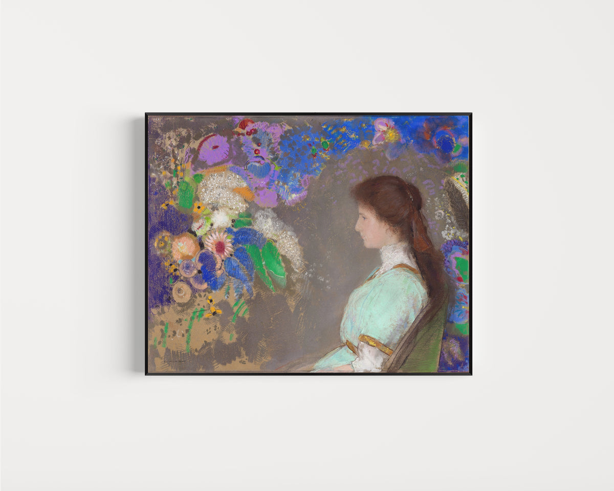 Framed art print of Violette Heymann by Odilon Redon, in a slim black frame on a plain white wall