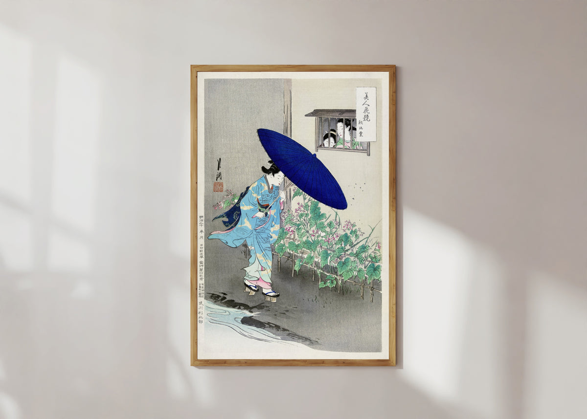 Framed art print of Flowering Hedge (1887–1896) by Ogata Gekkō, in a light wood frame on a sunlit white wall