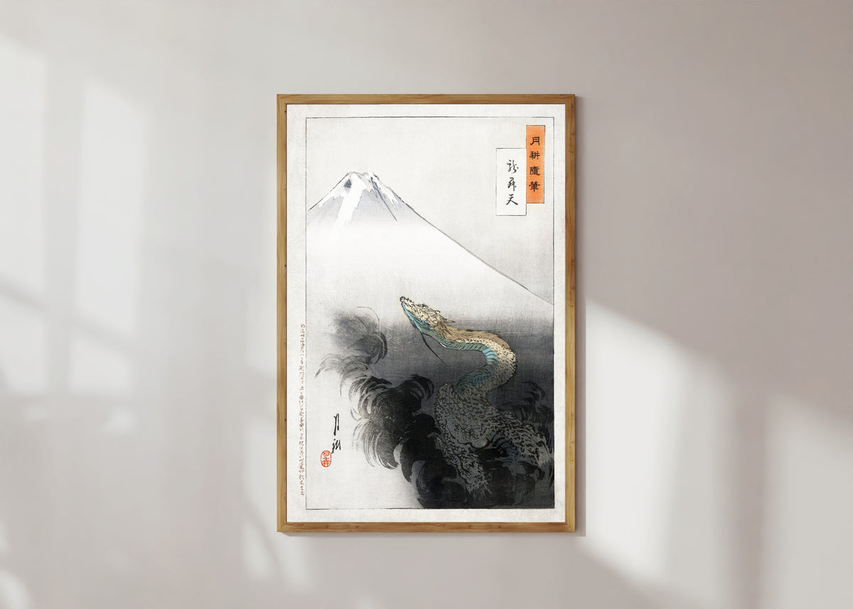 Framed art print of Ryū shōten (1897) by Ogata Gekkō, in a light wood frame on a sunlit white wall