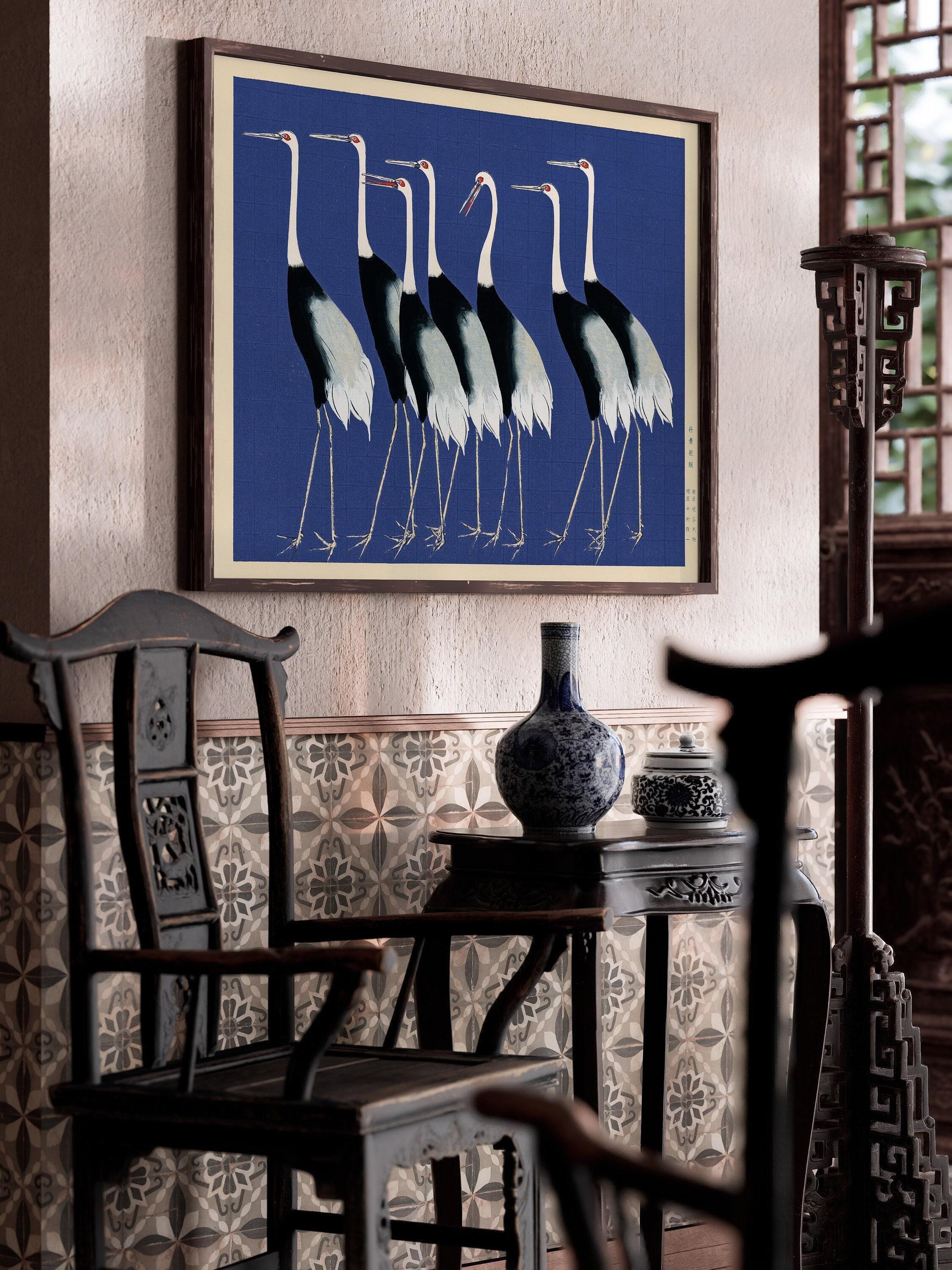 Ogata Korin Cranes Print: Japanese Woodblock Art, Blue Version - 9ArtPrints