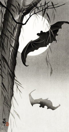 Ohara Koson — Bats Under the Full Moon | Japanese Bird & Flower Woodblock Print