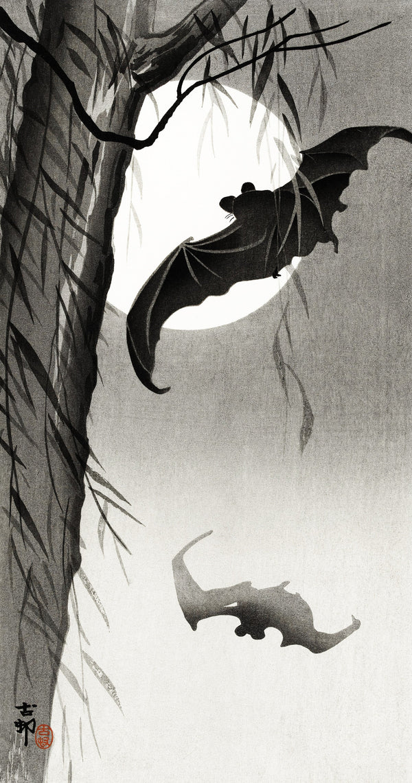 Ohara Koson — Bats Under the Full Moon | Japanese Bird & Flower Woodblock Print