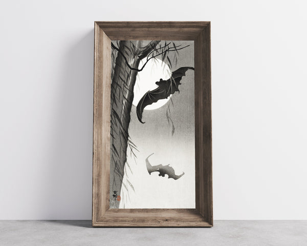 Ohara Koson — Bats Under the Full Moon | Japanese Bird & Flower Woodblock Print