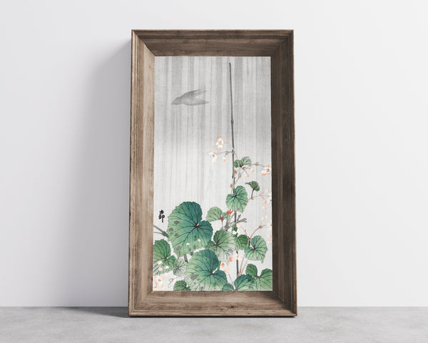 Ohara Koson — Begonia in the Rain | Japanese Bird & Flower Woodblock Print