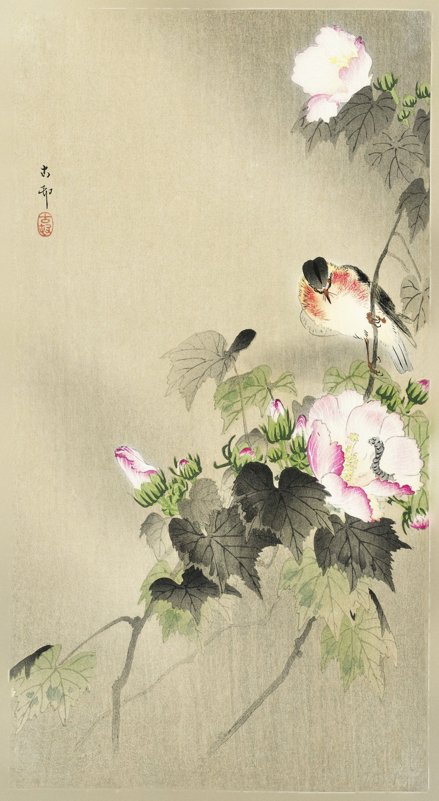 Ohara Koson — Bird and caterpillar | Japanese Bird & Flower Woodblock Print shown to scale on a wall above a sofa