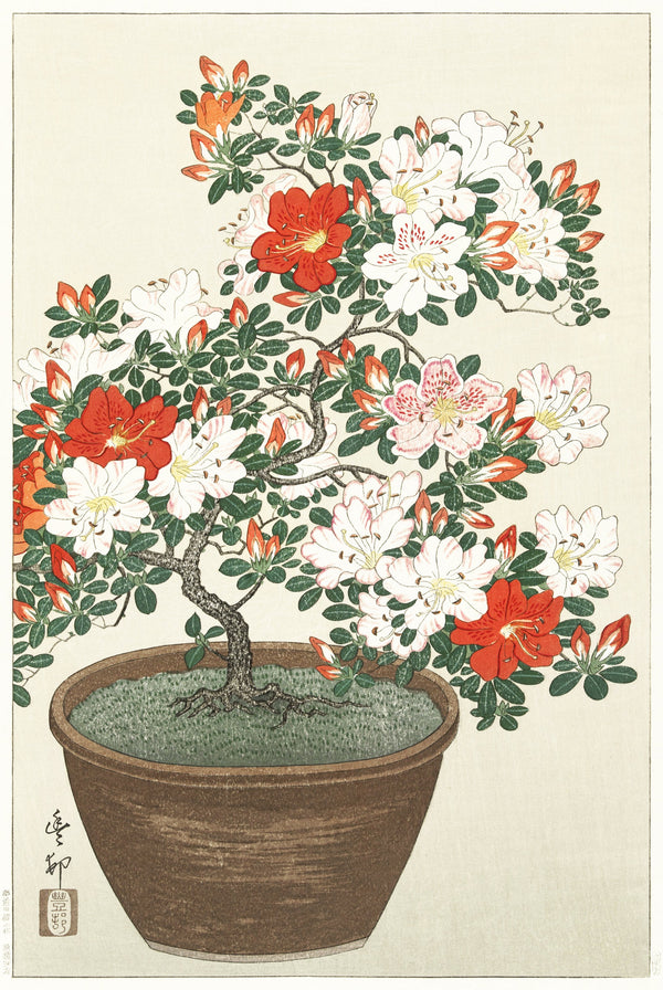 Ohara Koson — Blooming Azalea in Brown Pot | Japanese Bird & Flower Woodblock Print
