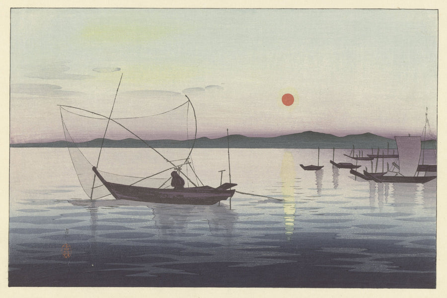 Ohara Koson — Boats and setting sun | Japanese Bird & Flower Woodblock Print shown to scale on a wall above a sofa