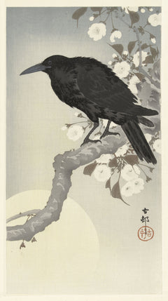 Ohara Koson — Crow at Full Moon | Japanese Bird & Flower Woodblock Print