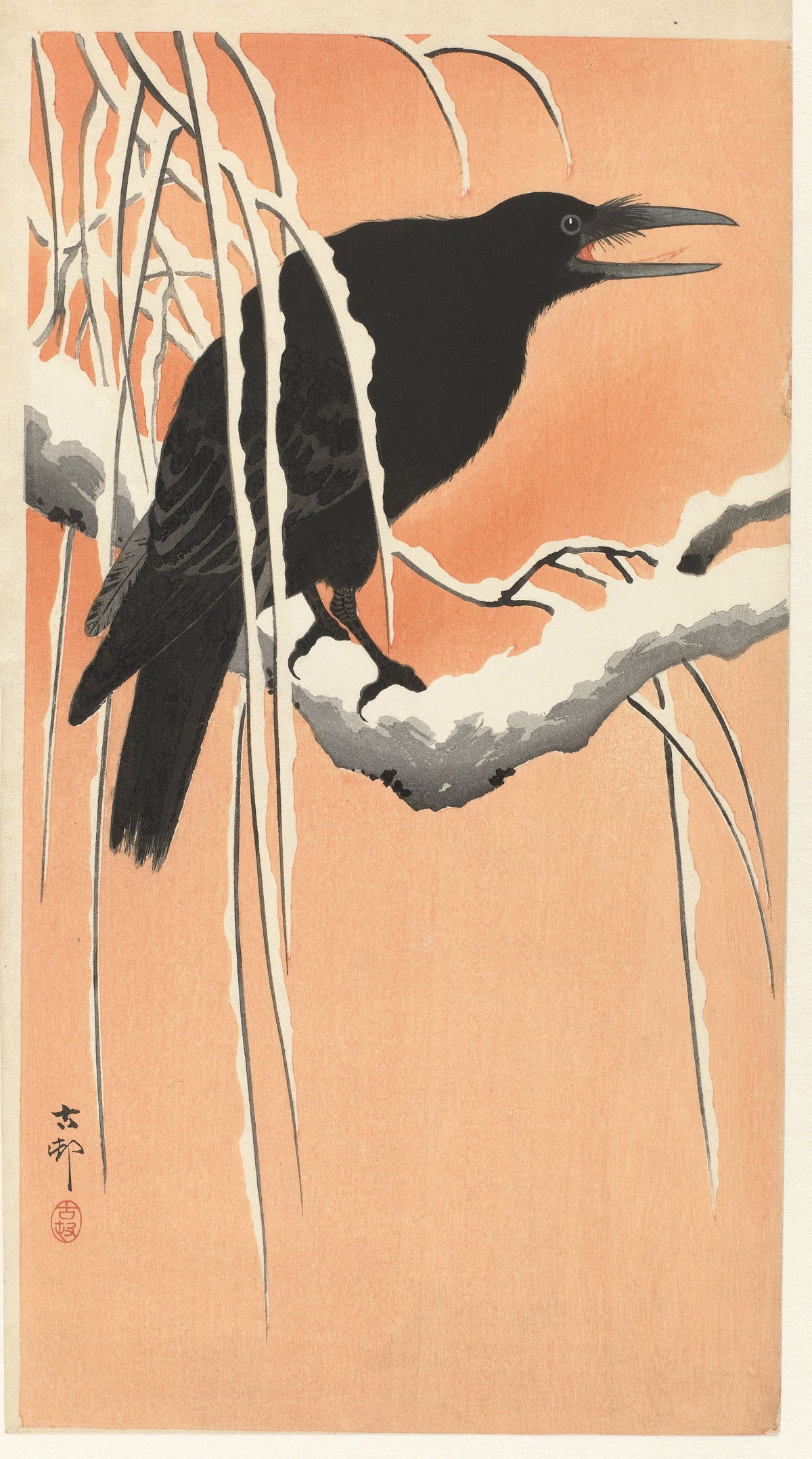 Ohara Koson — Crow on Snowy Branch | Japanese Bird & Flower Woodblock Print - 9ArtPrints