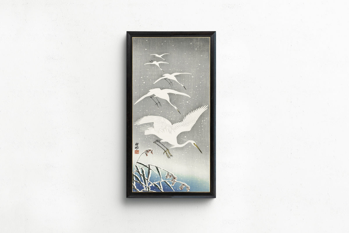 Ohara Koson — Descending Egrets in Snow | Japanese Bird & Flower Woodblock Print - 9ArtPrints
