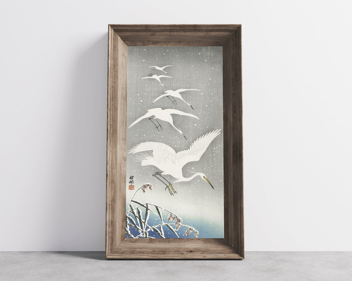 Ohara Koson — Descending Egrets in Snow | Japanese Bird & Flower Woodblock Print - 9ArtPrints