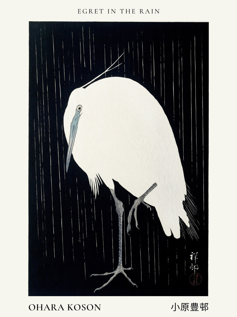 Ohara Koson — Egret in the Rain | Shin Hanga Print shown to scale on a wall above a sofa
