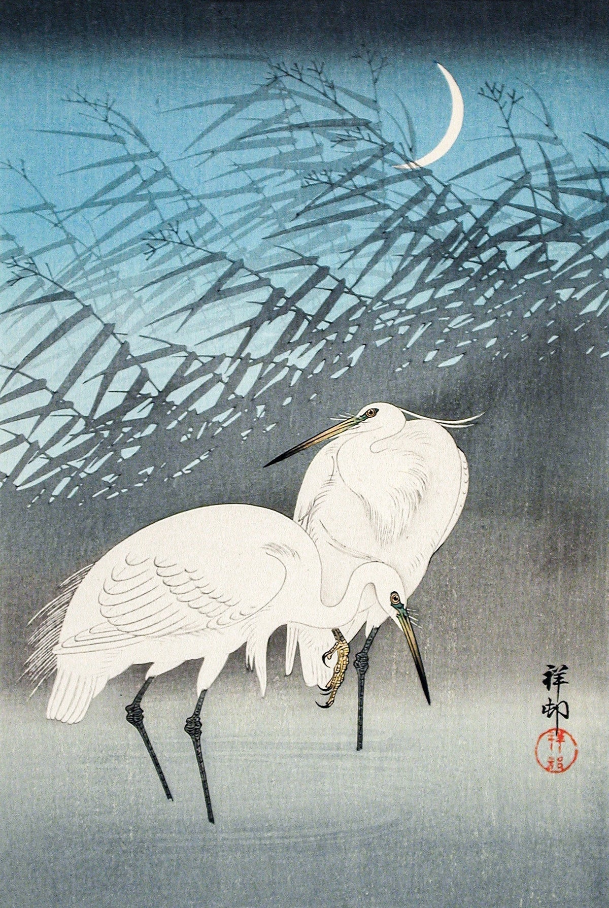 Ohara Koson — Egrets and Reeds in Moonlight | Japanese Bird & Flower Woodblock Print - 9ArtPrints