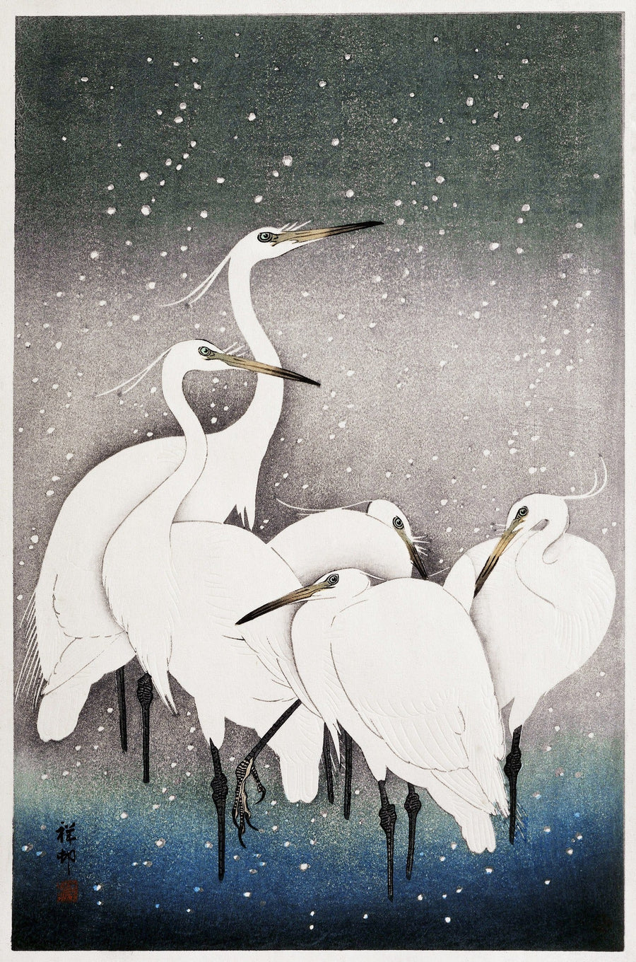 Ohara Koson — Egrets in the Snow | Shin Hanga Print shown to scale on a wall above a sofa