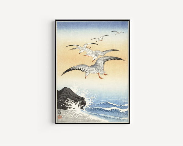Ohara Koson — Five Seagulls above a Turbulent Sea | Japanese Bird & Flower Woodblock Print