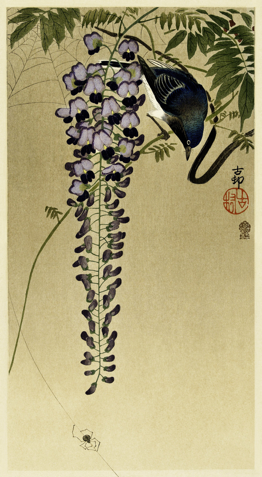 Ohara Koson — Flycatcher at Wisteria | Japanese Bird & Flower Woodblock Print shown to scale on a wall above a sofa
