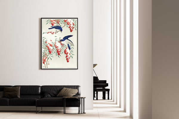 Ohara Koson — Flycatchers on a Nandina Bush | Japanese Bird & Flower Woodblock Print