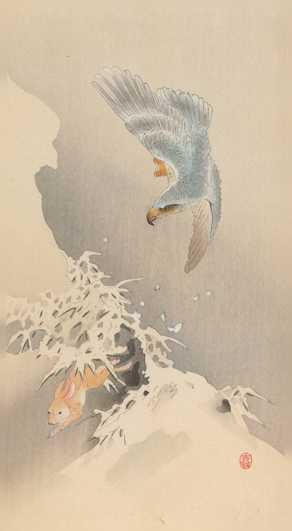 Ohara Koson — Goshawk Chasing a Hare | Japanese Bird & Flower Woodblock Print