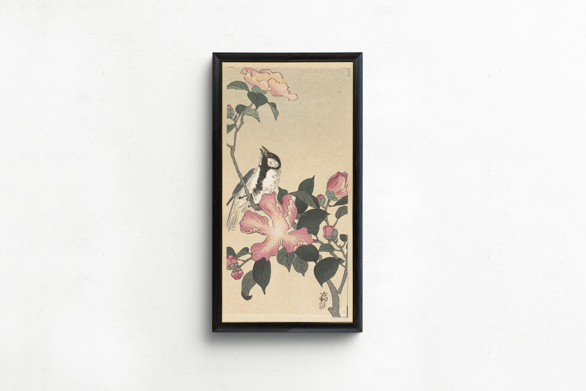 Ohara Koson — Great Tit on Branch with Pink Flowers | Japanese Bird & Flower Woodblock Print - 9ArtPrints
