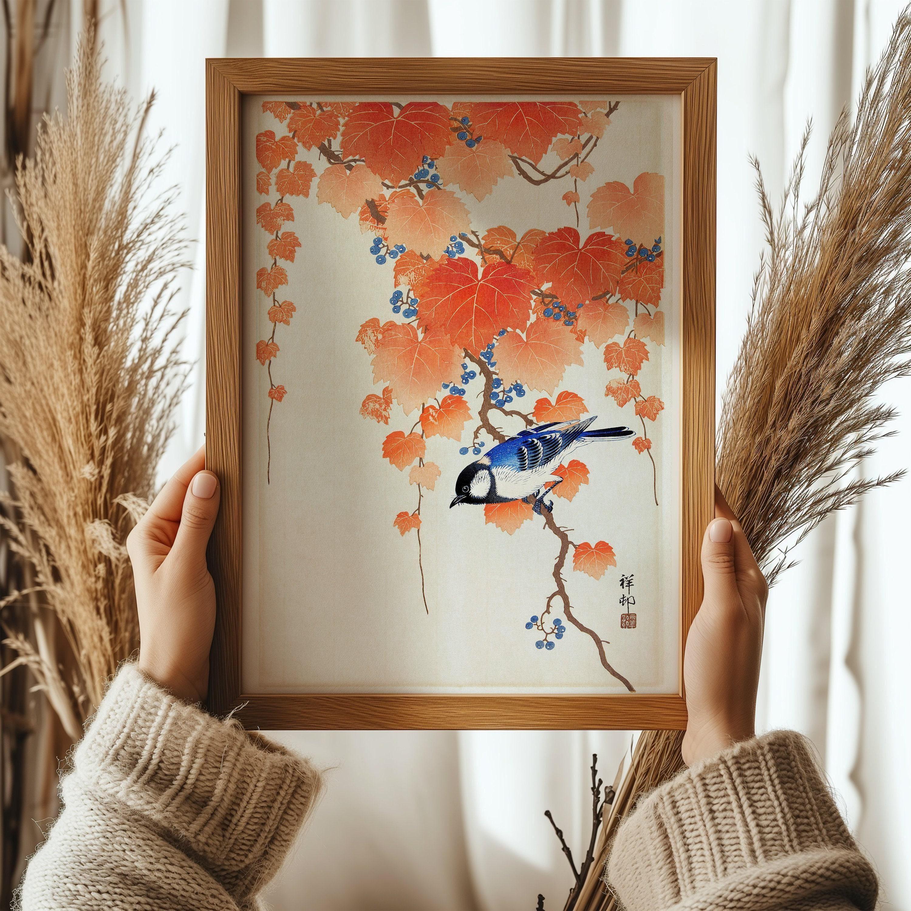 Ohara Koson - Great Tit on Paulownia Branch | PRINT | Vintage Orange Blue Japanese Shin - Hanga Kach≈ç - E Art (available framed) - 9ArtPrints