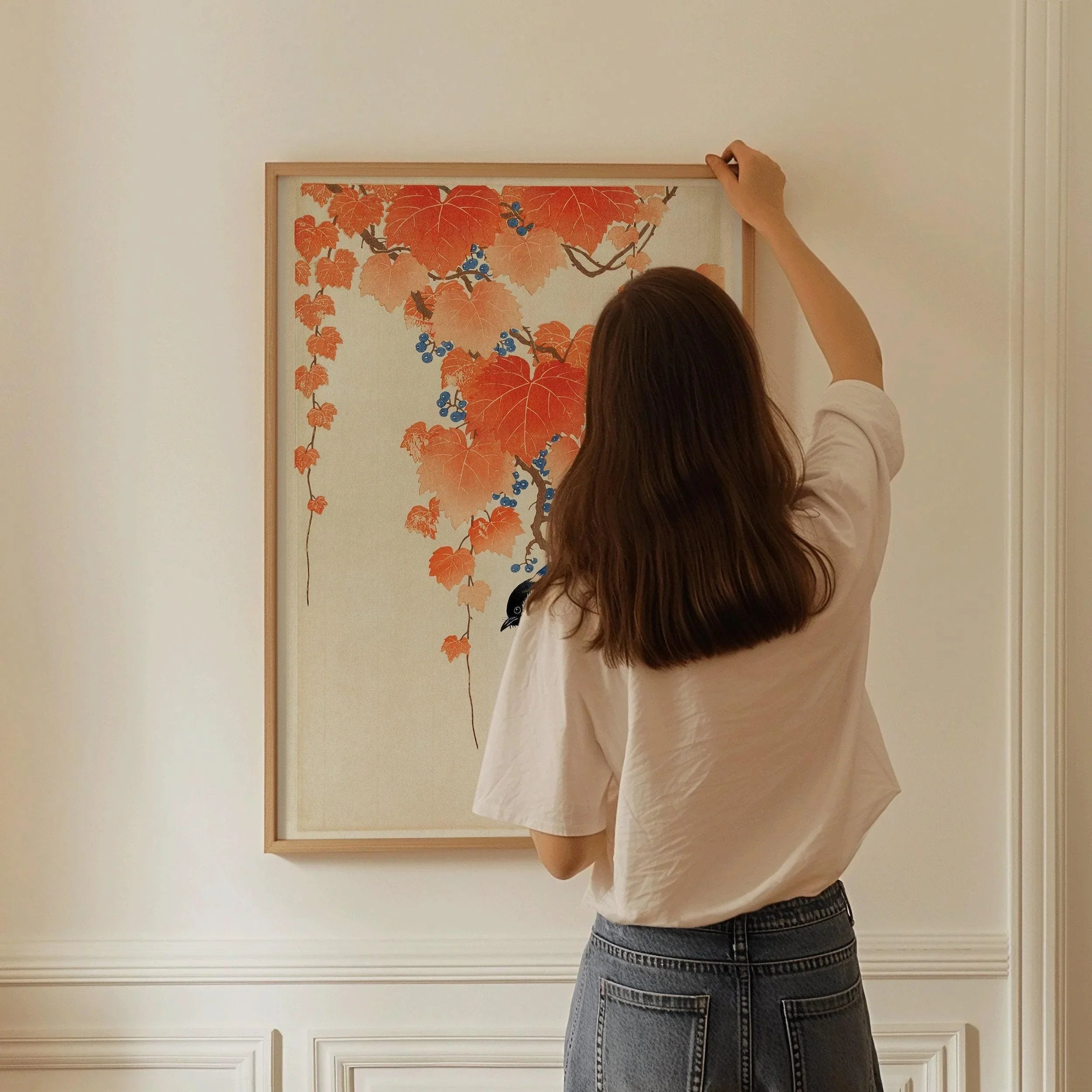 Ohara Koson - Great Tit on Paulownia Branch | PRINT | Vintage Orange Blue Japanese Shin - Hanga Kach≈ç - E Art (available framed) - 9ArtPrints