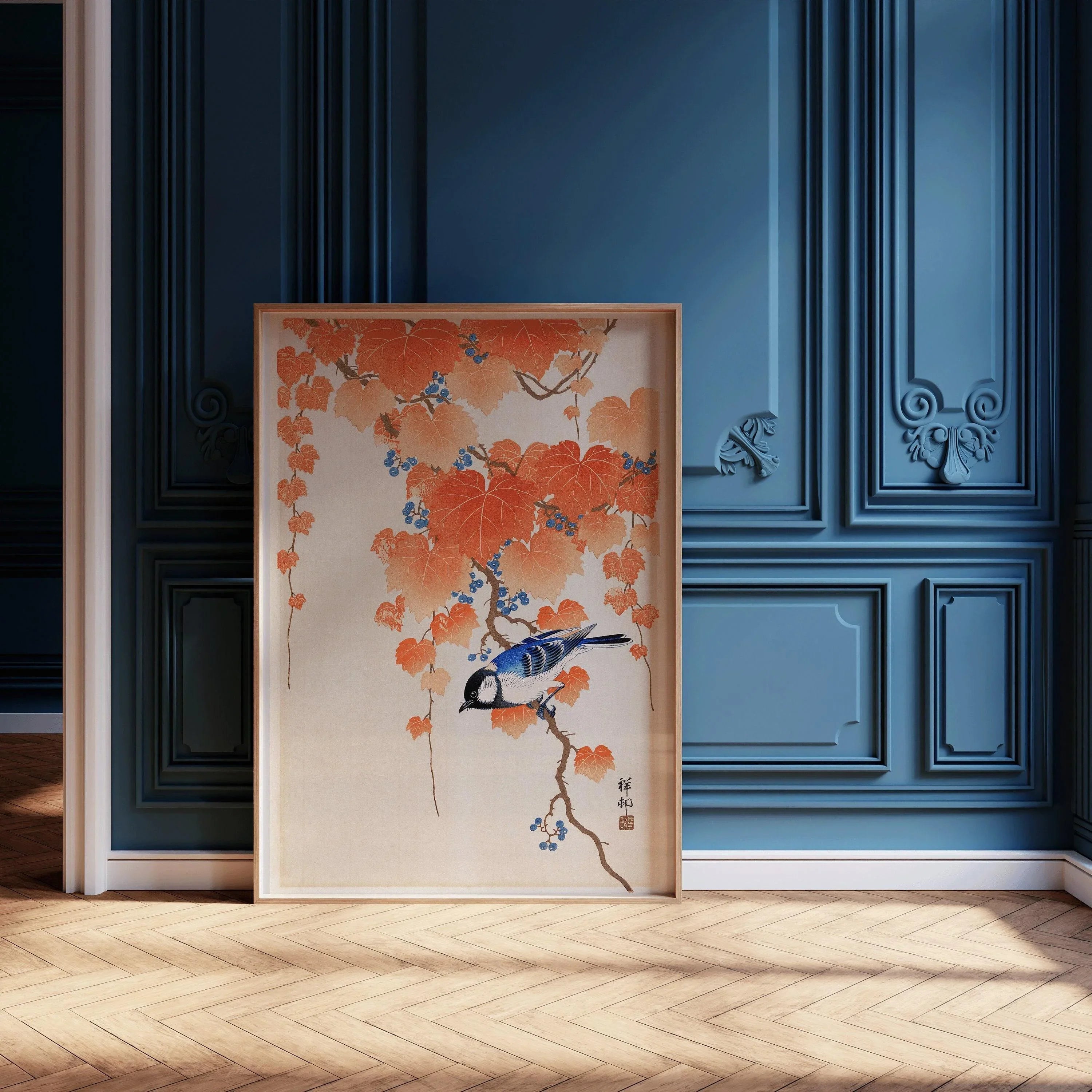 Ohara Koson - Great Tit on Paulownia Branch | PRINT | Vintage Orange Blue Japanese Shin - Hanga Kach≈ç - E Art (available framed) - 9ArtPrints