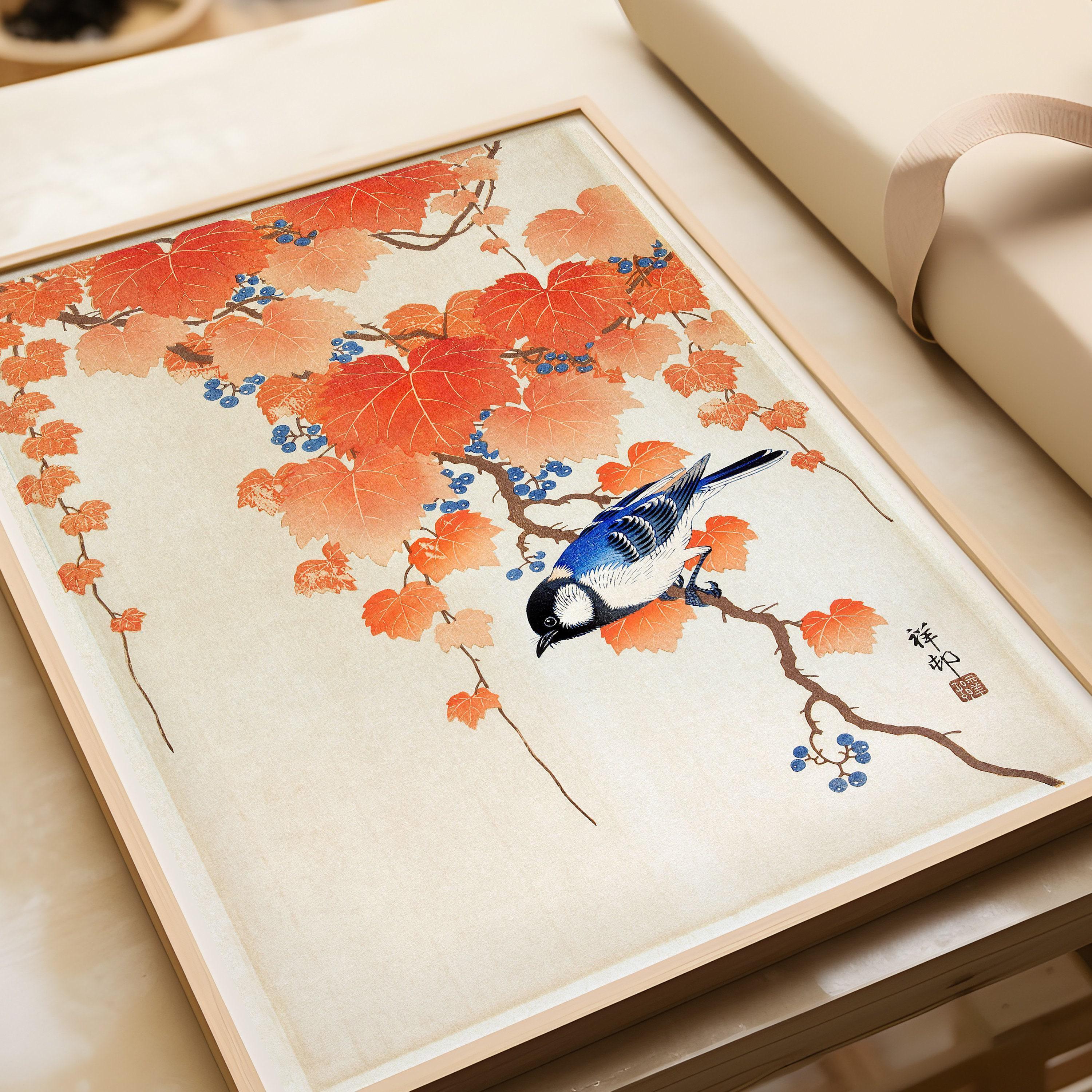Ohara Koson - Great Tit on Paulownia Branch | PRINT | Vintage Orange Blue Japanese Shin - Hanga Kach≈ç - E Art (available framed) - 9ArtPrints