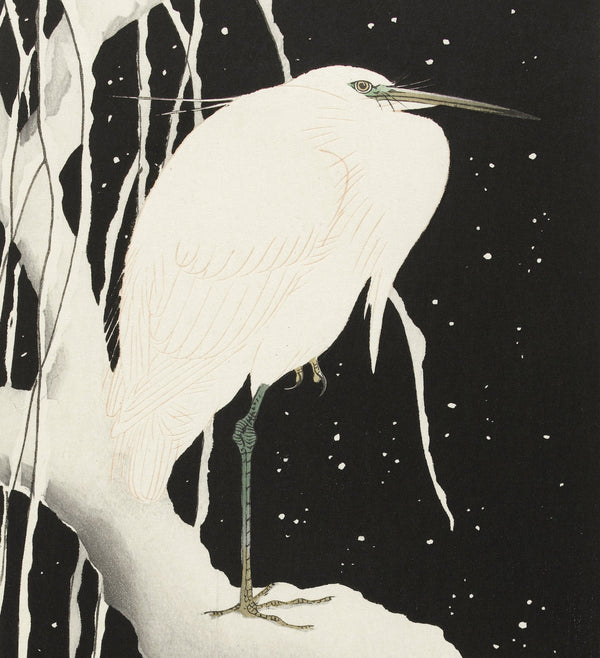 Ohara Koson — Heron in Snow (Black Ground) | Japanese Bird & Flower Woodblock Print