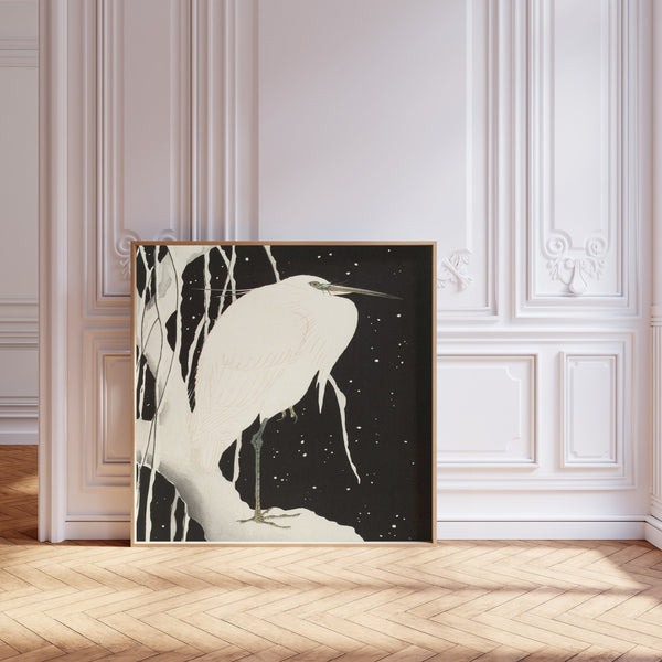 Ohara Koson — Heron in Snow (Black Ground) | Japanese Bird & Flower Woodblock Print