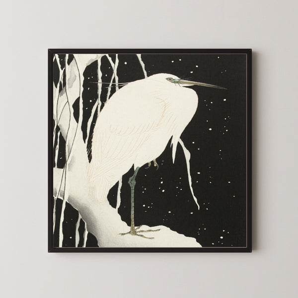 Ohara Koson — Heron in Snow (Black Ground) | Japanese Bird & Flower Woodblock Print
