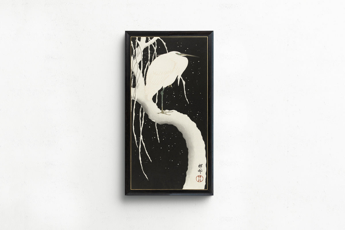Ohara Koson — Heron in Snow (Willow at Night) | Japanese Bird & Flower Woodblock Print - 9ArtPrints