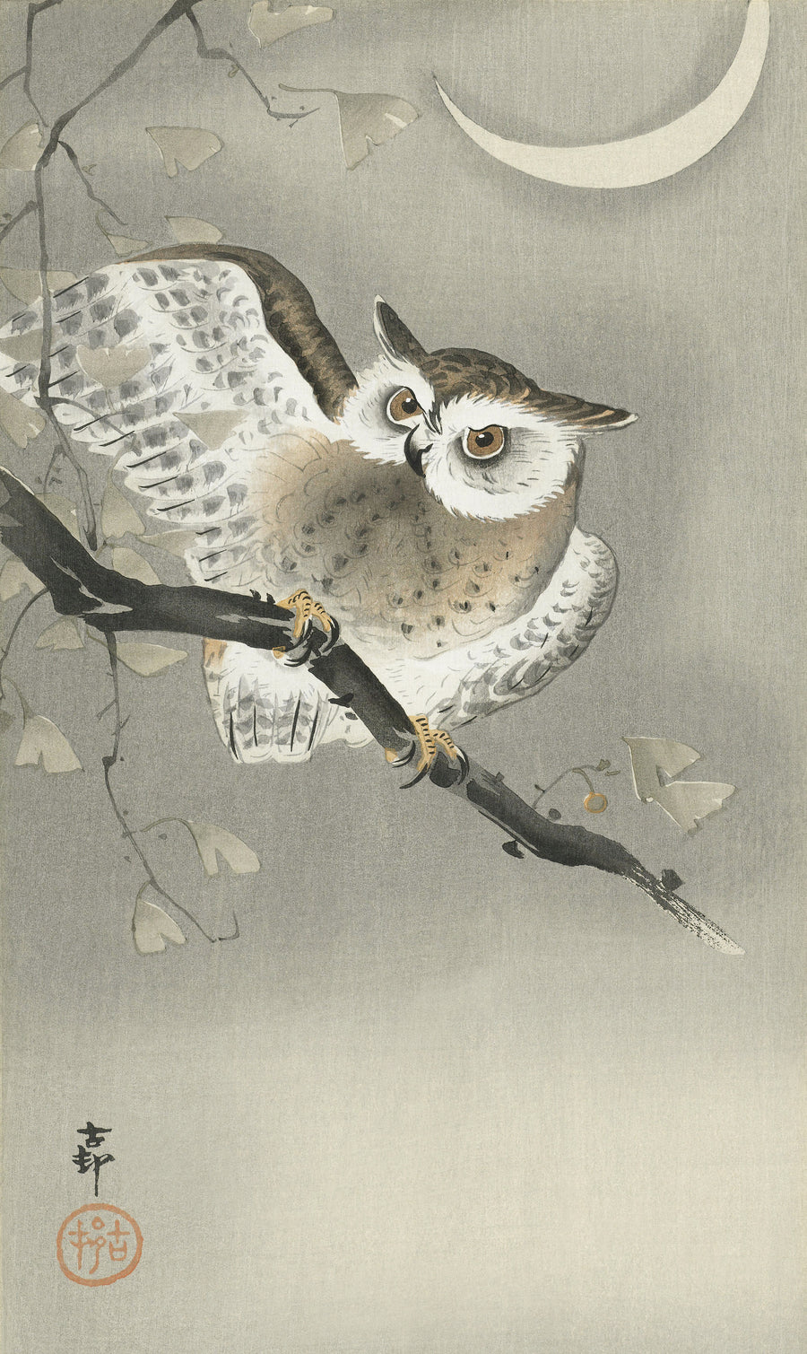 Ohara Koson — Long-eared Owl in Ginkgo | Japanese Bird & Flower Woodblock Print shown to scale on a wall above a sofa